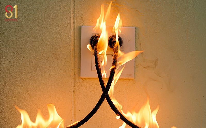 Electrical fire at power outlet in Singapore home.