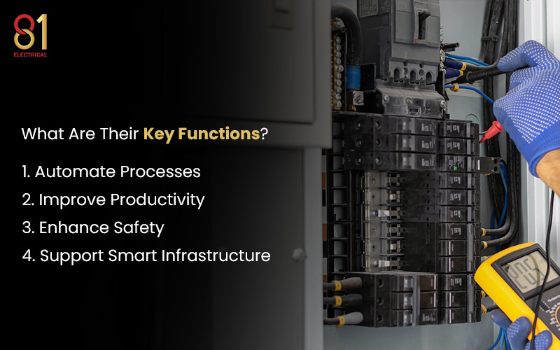 Electrician checking a control panel's key functions.