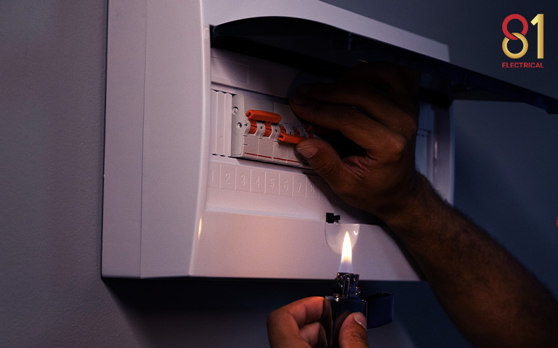 Man using a lighter to see while fixing a circuit breaker.
