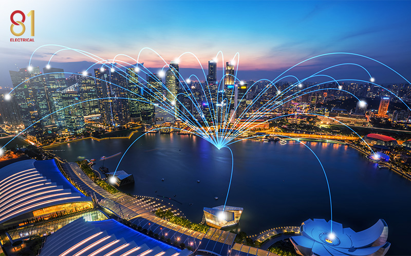 Smart city skyline representing automation control panels.