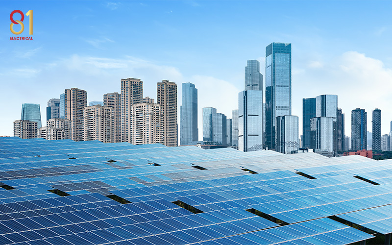Solar panels powering a city, showing automation's role.