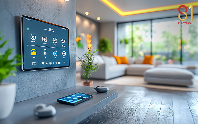 Smart home control panel in a living room.