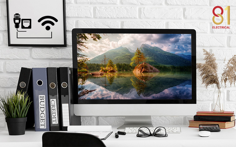 A home office setup with a Wi-Fi and ethernet diagram