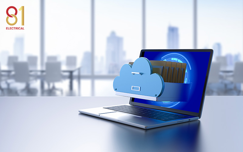 A laptop with cloud storage representing CCTV footage backup.