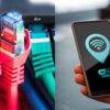 A split image of an ethernet cable and a Wi-Fi phone icon