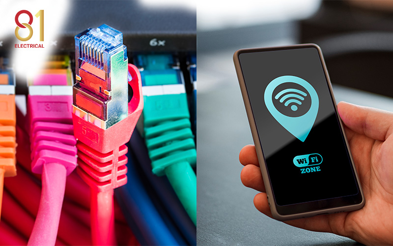 A split image of an ethernet cable and a Wi-Fi phone icon