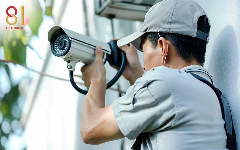 An electrician installing an outdoor CCTV camera.