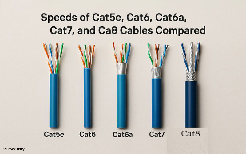 Compared speeds of Cat5e, Cat6, Cat6a, Cat7, and Cat8 cables.