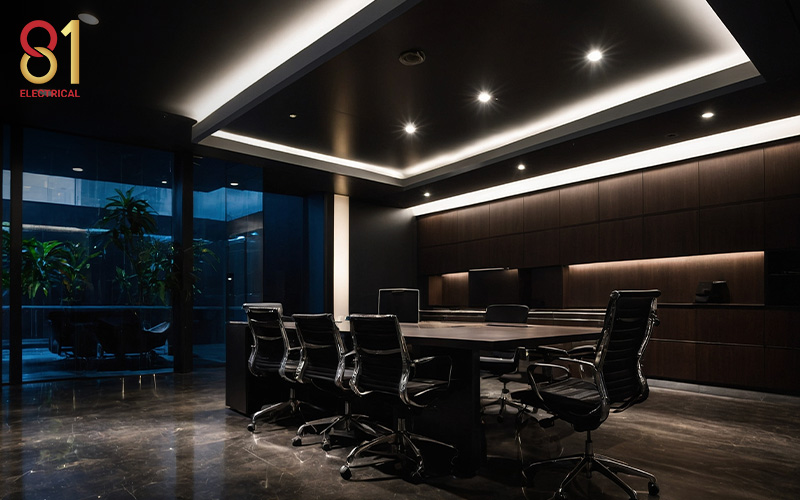Office meeting room with recessed and cove lighting.