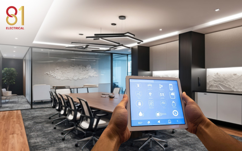 Smart office lighting controlled by a tablet.