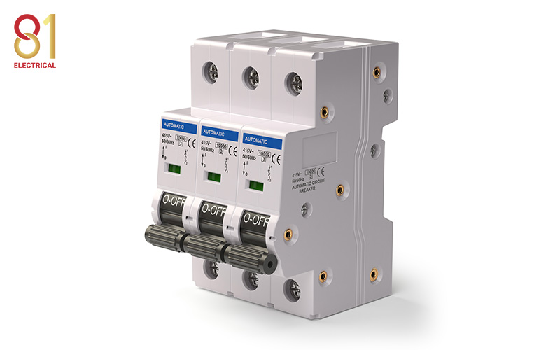 Triple-pole circuit breaker on a white background.