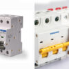 Two types of circuit breakers and isolators on a white background.