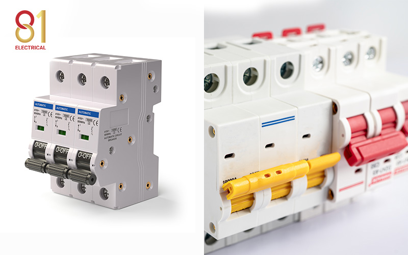 Two types of circuit breakers and isolators on a white background.