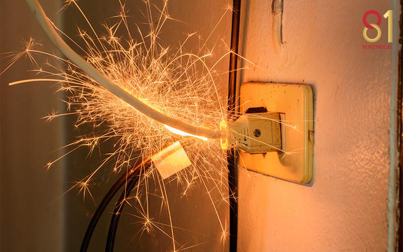 Frayed electrical cord sparking in a wall socket.
